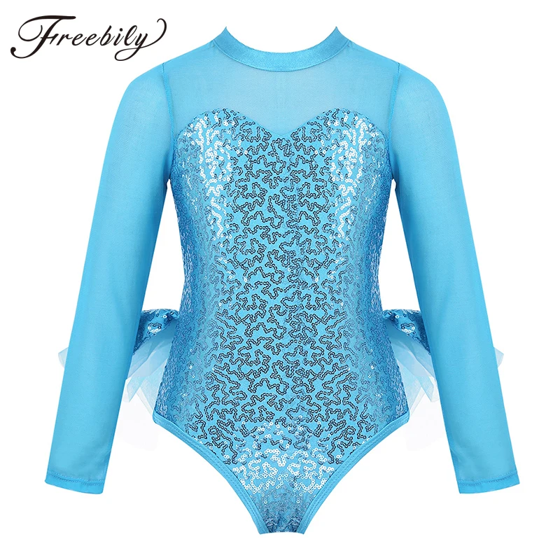 

Kids Tulle Long Sleeves Cutout Back Sequins Tutu Ballet Dress Dancewear Gymnastics Leotard for Girls Performance Costume