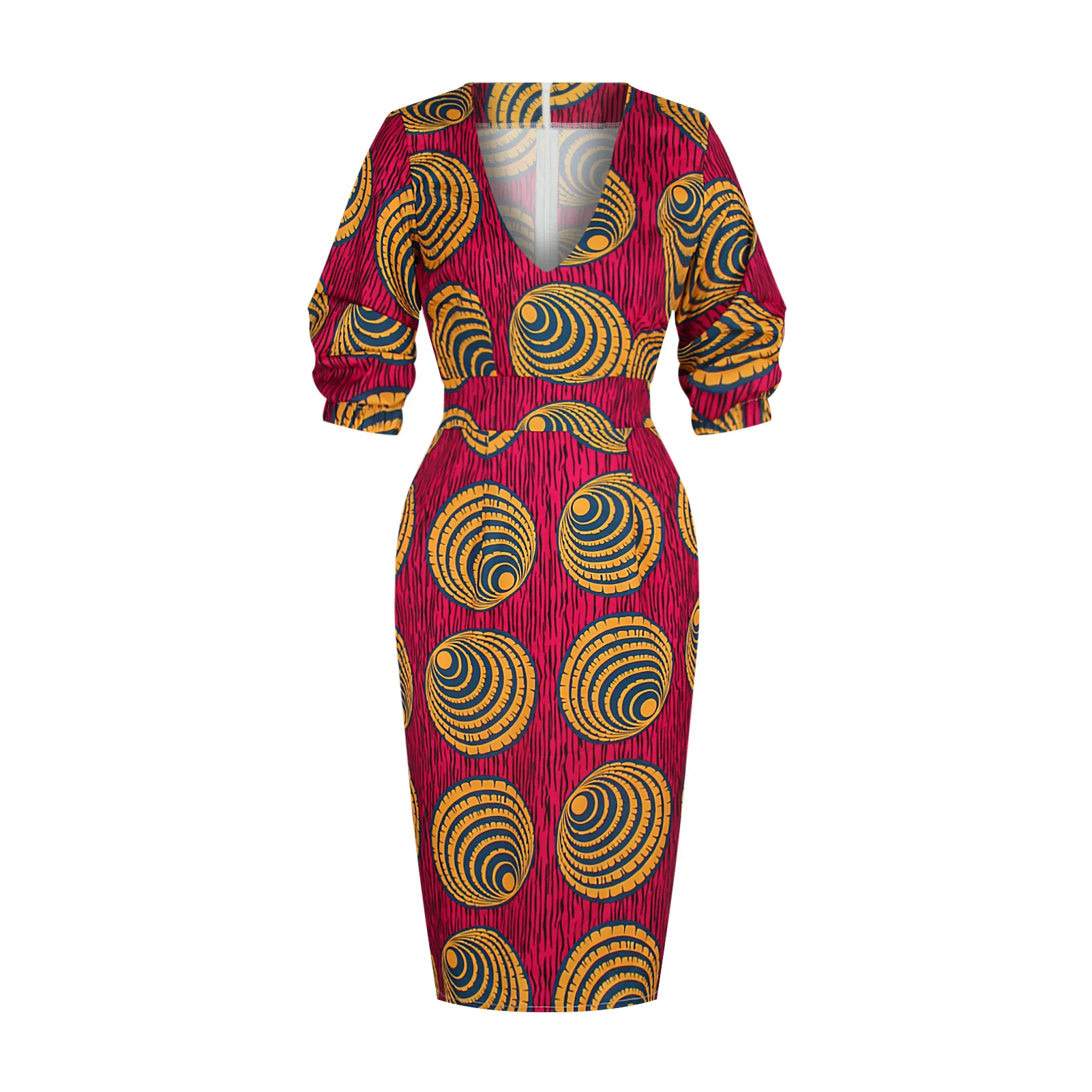 

Africa Fashion Summer Women Print Dress Slim Half Sleeve Deep V-Neck Female Long Dress 2021