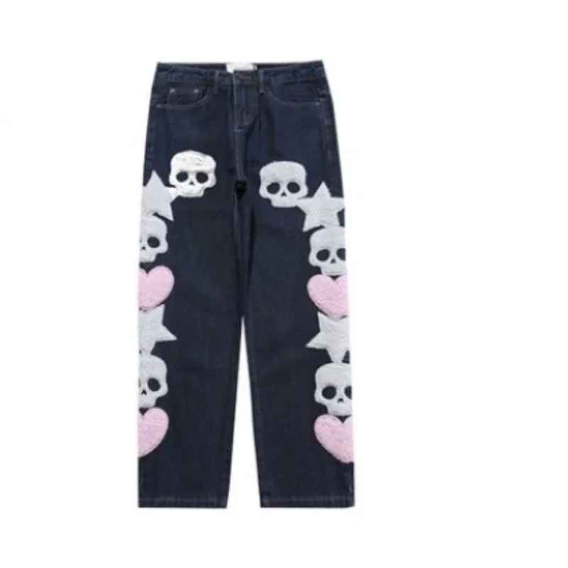 2021 Korean Fashion Skull Towel Embroidery Straight Men Hip Hop Jeans Pants Black Women Casual Denim Trousers Pantaloni Uomo