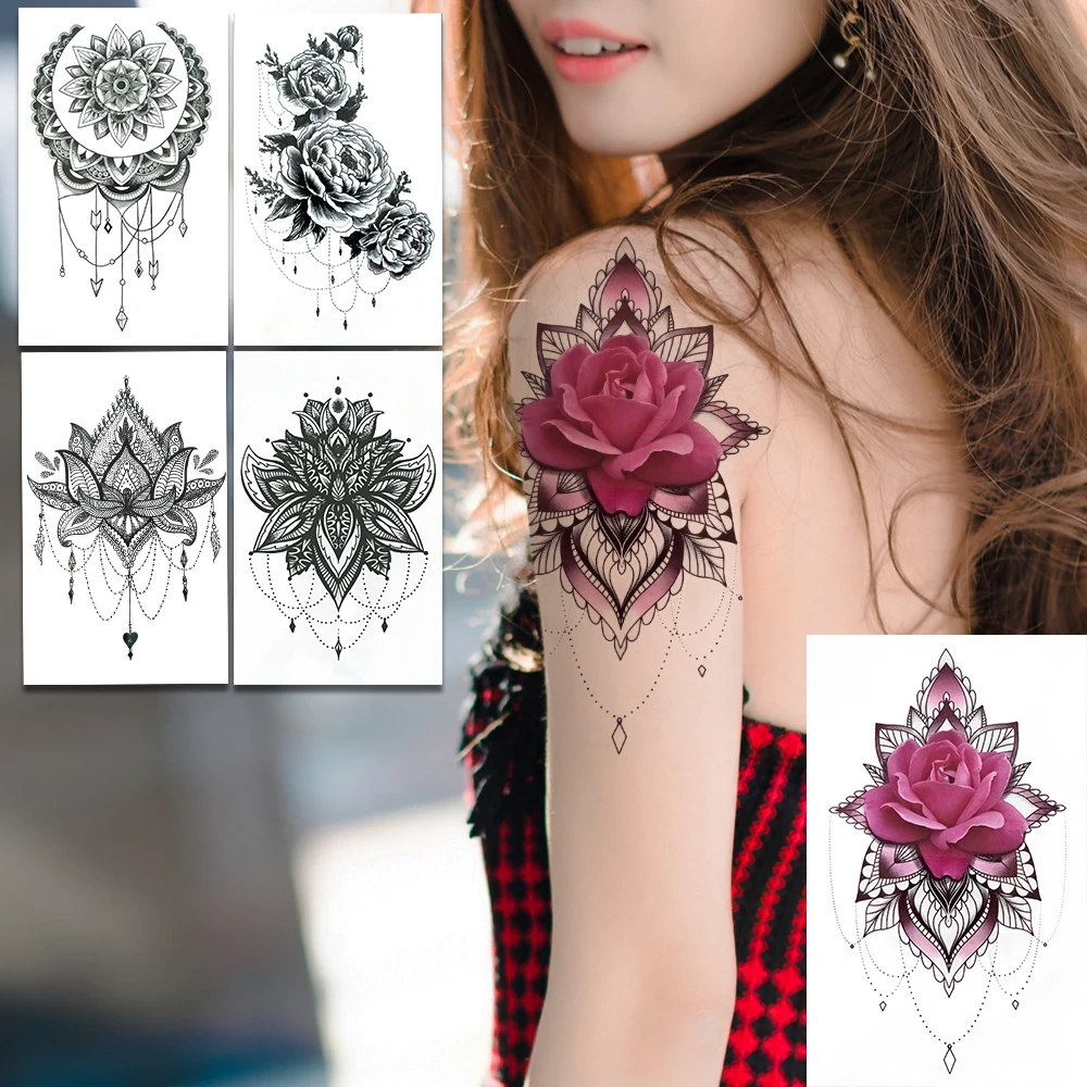 

Rose Henna Flower Temporary Tattoos For Women Girls Black Fake Jewelry Tattoo Sticker Shoulder Chest 3D Moon Mehndi Chains Tatoo