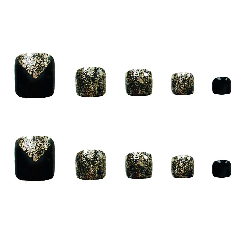 24 шт./кор. Блестящий золотистый и черный поддельные Ноготь на ноге с помощью клея