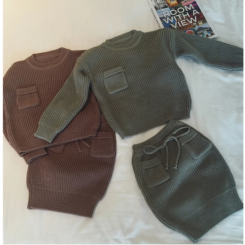 

Knitting Clothing Set for Girls Long Sleeve Sweater Skirt Two Piece Fashion Kids Suits 2021 New Spring Toddler Children Costume
