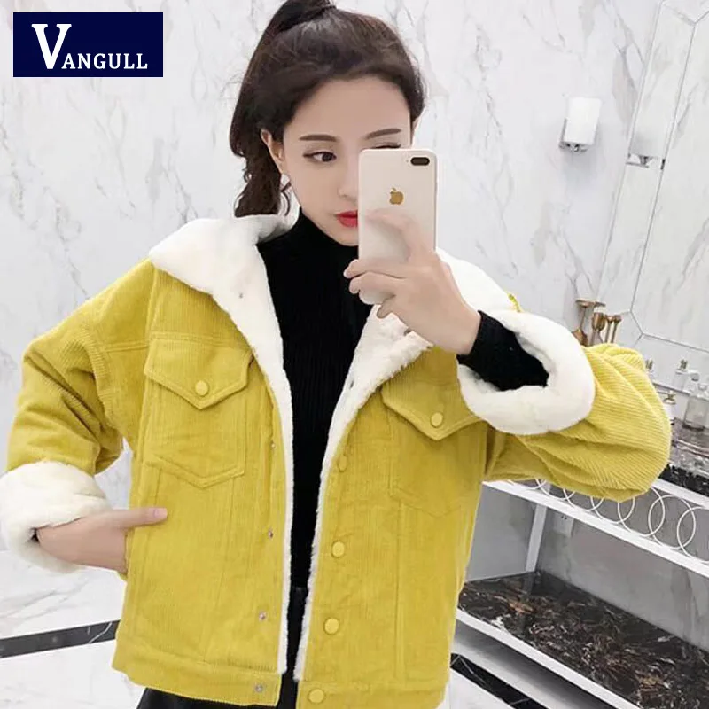 Цвет: желтый Vangull осенне-зимняя Вельветовая Базовая Женская куртка зимняя куртка женская куртка с длинными рукавами Повседневная однобортная джинсовая куртка - Цвет: Цвет: желтый