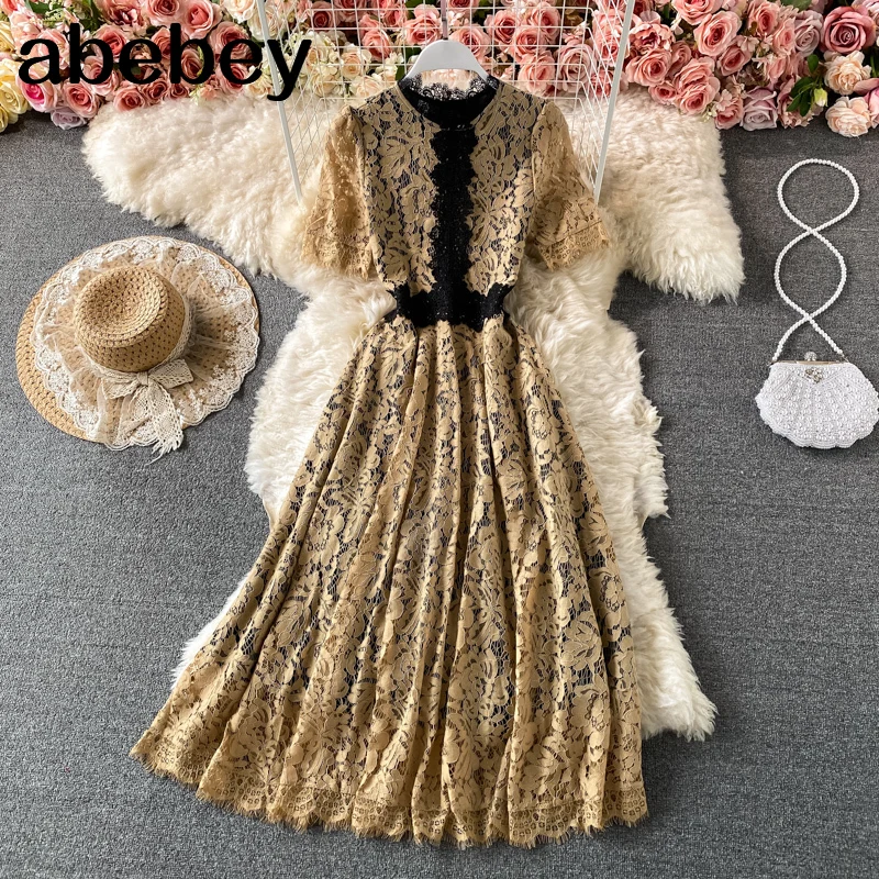 

Women Korean Print Maxi Dress Design Lace Splice Short Sleeve A-line Dress Summer Casual Streetwear Long Dress
