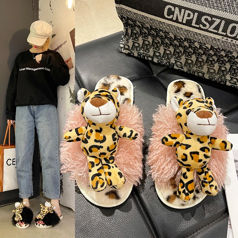 Cartoon Tiger Plush Slippers Autumn and Winter Fashion All-match Outer Wear Flat-bottomed Cotton Slippers Plush slippers animals