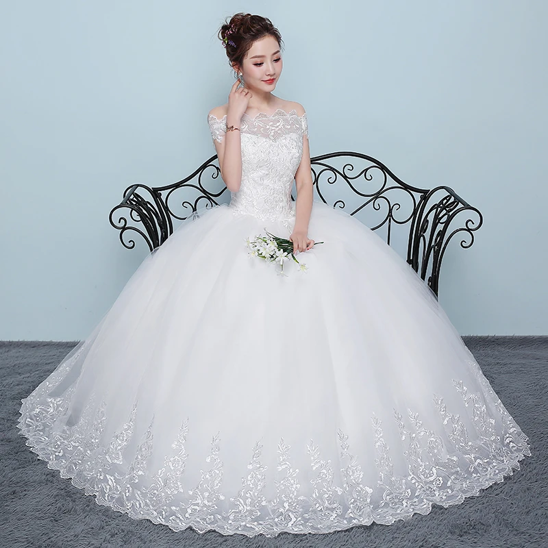 

2021 New Boat Neck Wedding Dress Floor-length Lace Up Ball Gown Off The Shoulder Luxury Lace Wedding Gowns Customize