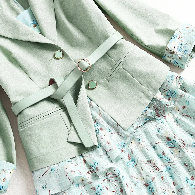 

Women summer chiffon floral dress + office OL wear blazer single-breasted jacket small suit two piece set outfits new 2020
