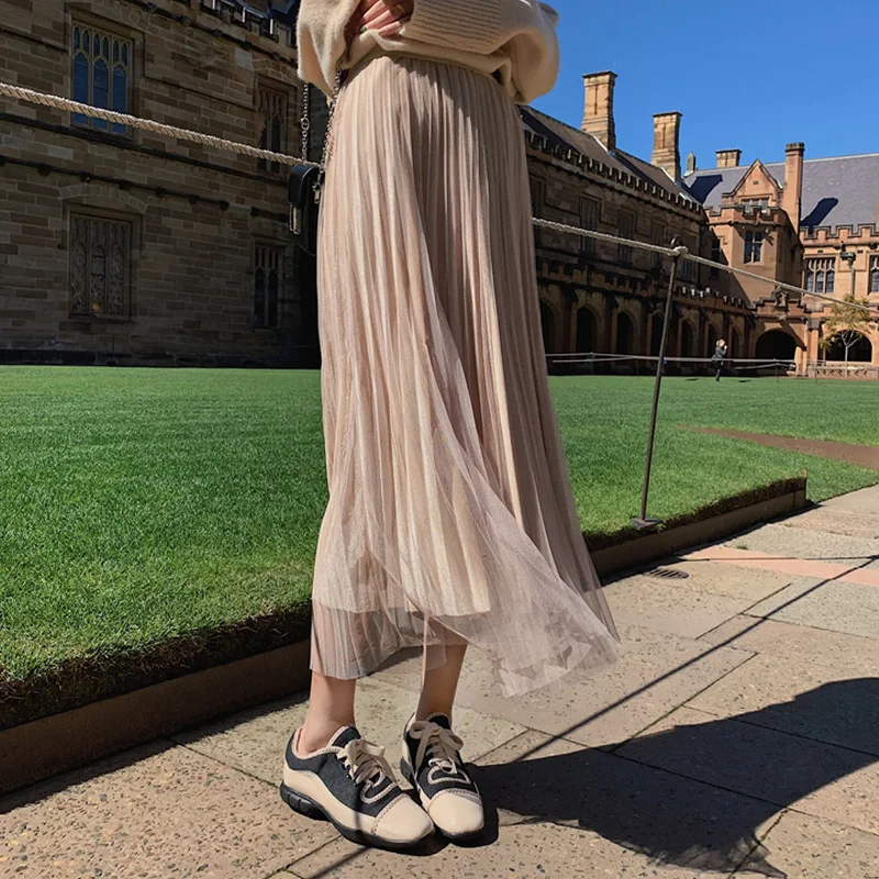 

2020 new spring midi skirt black skirts womens Retro pleated Mesh Gold velvet Sequins women skirt Fashion Leisure gift