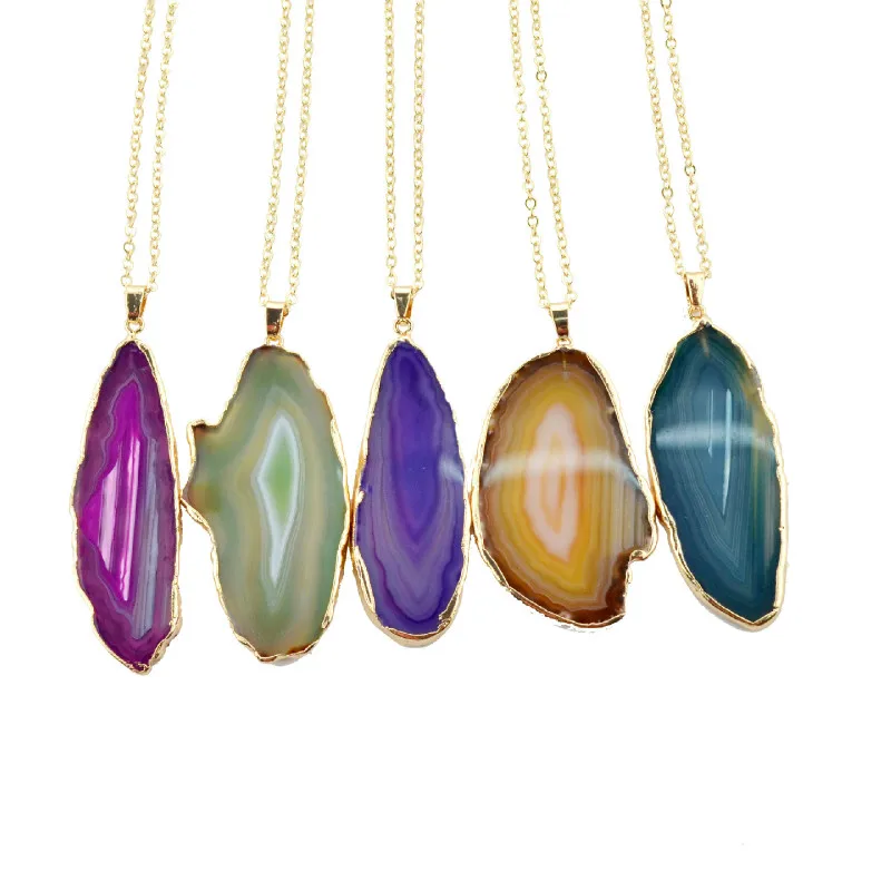 

Colorful Natural Onyx Cut Pendants Slice Irregular Agat Crystal Stone Quartz Gold Chain Pendant Necklace Women Jewelry Gift 50cm
