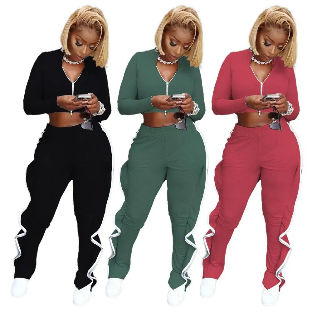 

Cascading Ruffles Spliced Sporty Tracksuit Women Sets Zipper Up V-neck Long Sleeve Crop Top and Stacked Sweatpant 2 Piece Outfit