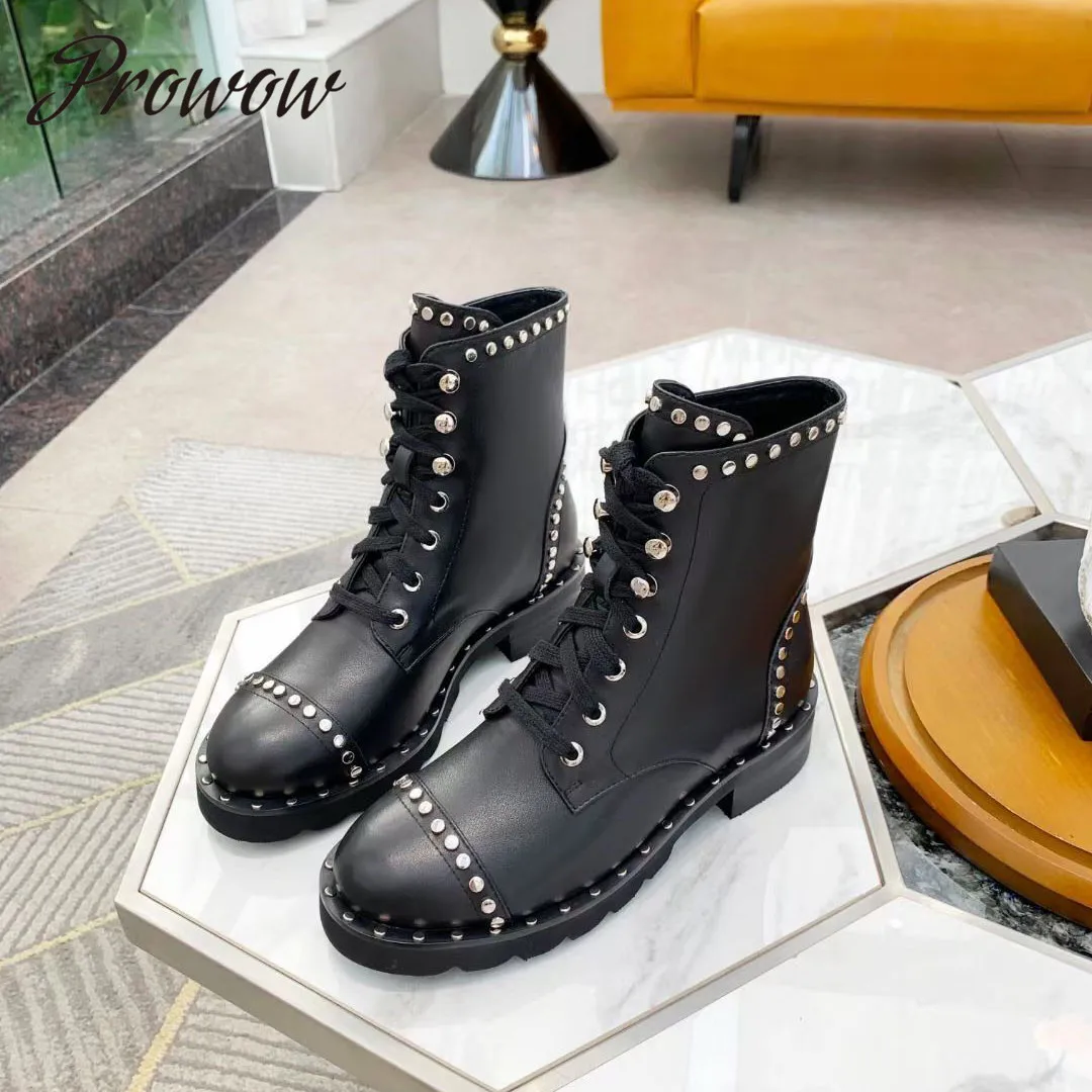 

Prowow New Genuiee Leather Metal Studded Punk Ankle Boots Round Toe Lace Up Luxury Designer Boots Zapatos Mujer