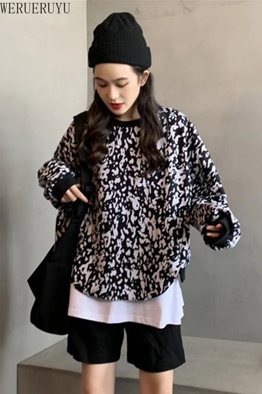 

WERUERUYU Women's Sweatershirt Winter Korean Loose Leopard Long Sleeve Pullover Round Neck Fake Two Sweatershirt Women