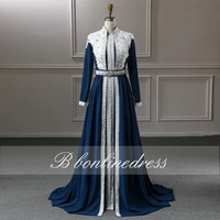 elegant navy blue muslim evening dress plus size crystal women night moroccan kaftan dress caftan formal gown vestidos de noche