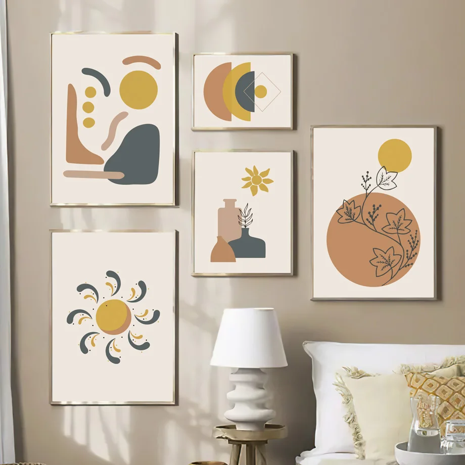 

Minimalist Wall Art Canvas Painting Abstract Sun Girl Face Bottle Nordic Posters And Prints Wall Pictures For Living Room Decor