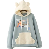 winter preppy style cute bear print loose hooded sweatshirt with ears on hood pullovers pocket fleece warm hoodies women 2011836