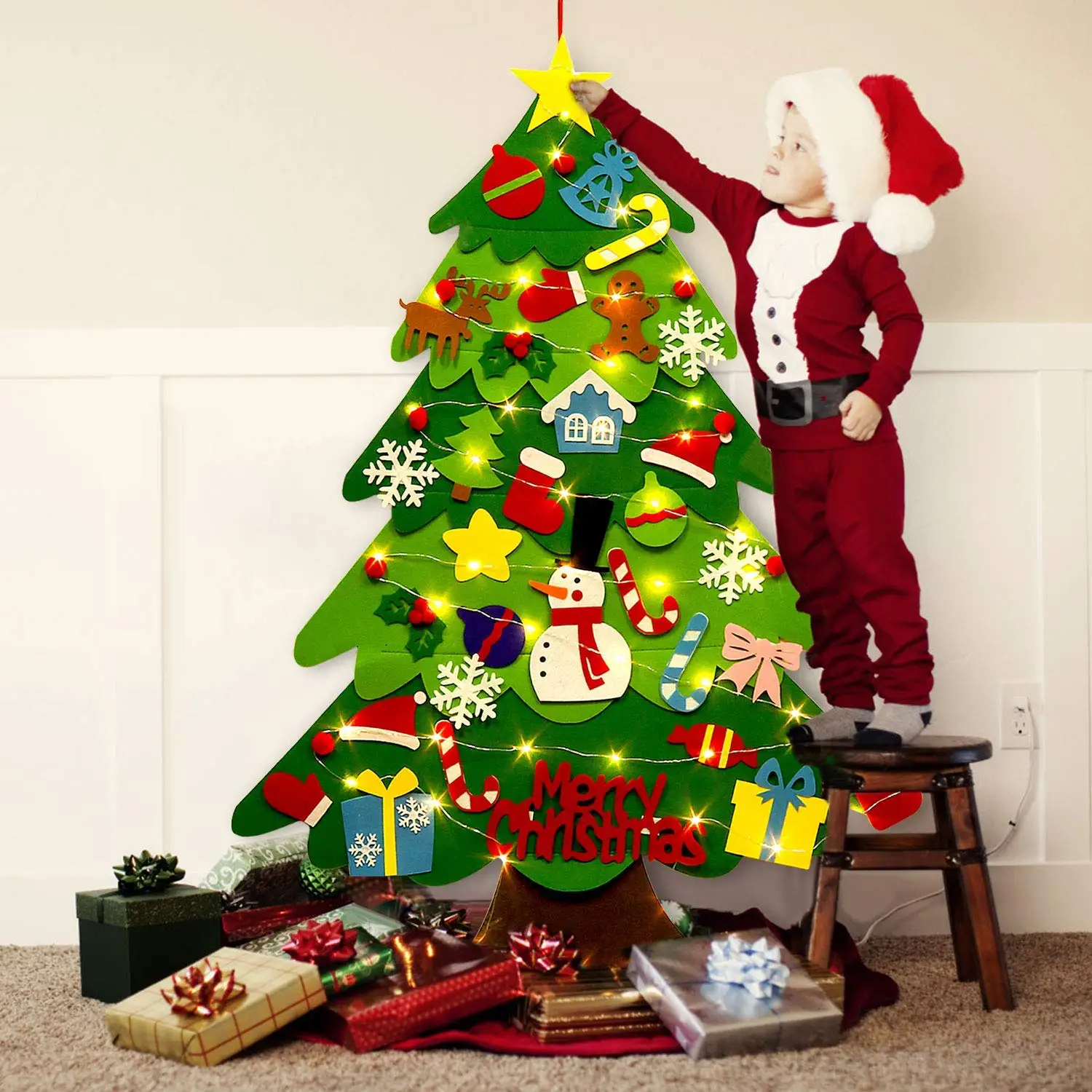 

Kids Felt Christmas Tree DIY Wall Hanging Decorations with 32pcs Ornaments and LED String Lights(2m) Christmas Tree Santa