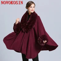2022 winter cloak warm new women cardigan big imitation striped fox fur collar cape fashion solid poncho with long fur sleeves