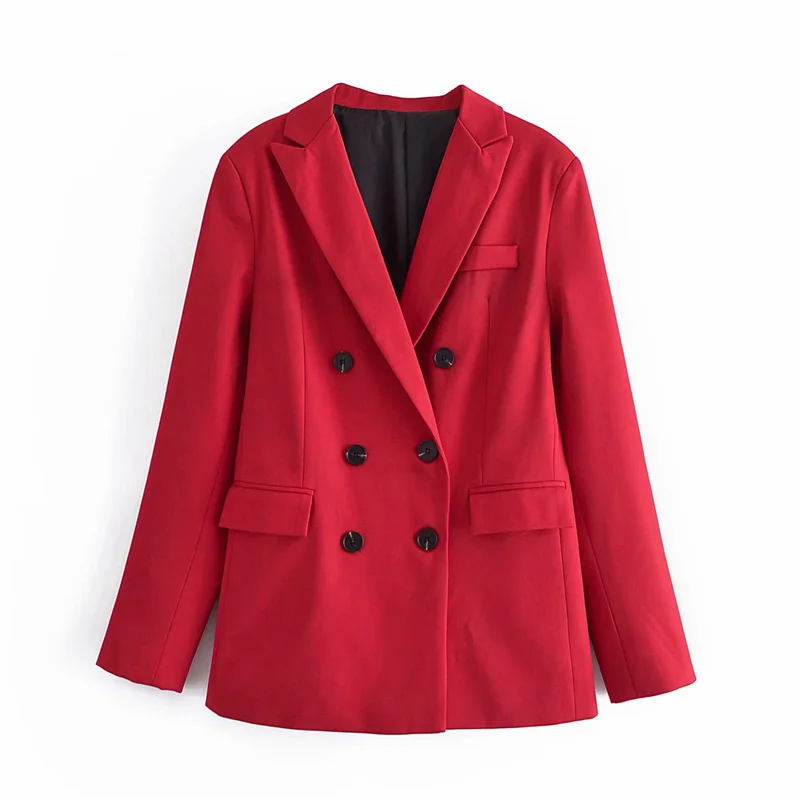 

ZXQJ Women Red Blazer 2021 Autumn Fashion Ladies Office Commuter Double Breasted Suit Jacket Femlae Solid Pocket Formal Wear