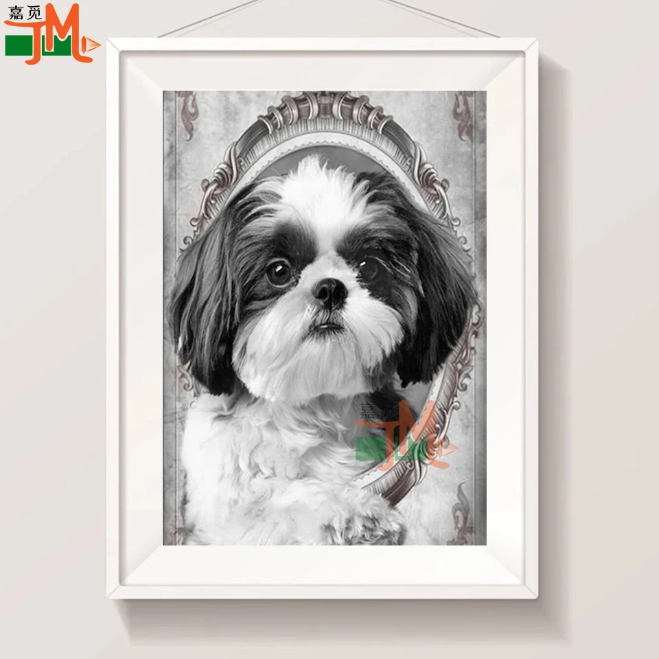 5D Diy алмазная живопись Shih Tzu с изображением собаки, вышивка крестиком, квадратная картина, вышивка животными, черно-белый декор для стен