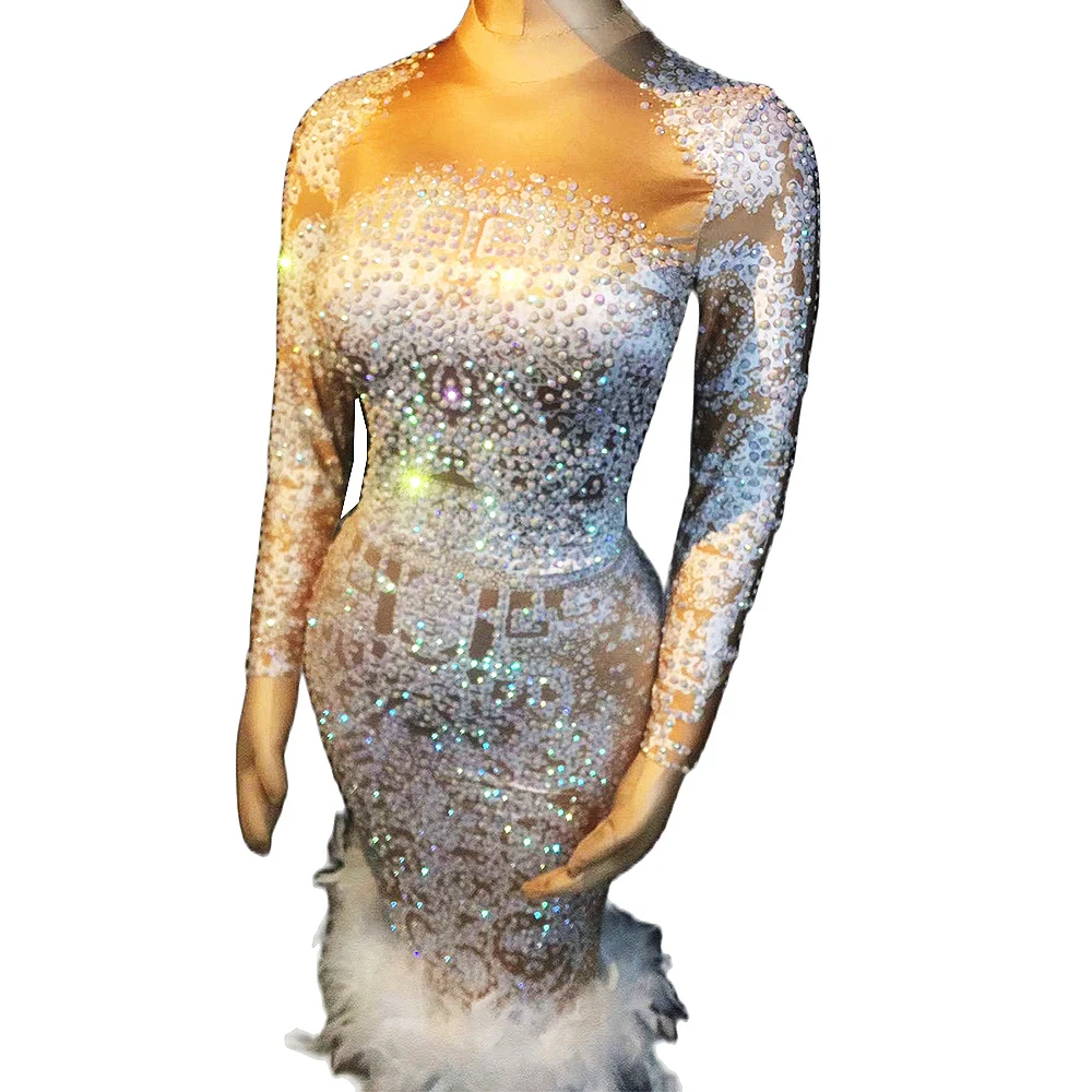 

Shining Rhinestones White Feather Women Knee Length Dress Long Sleeve Backless Prom Party Birthday Costumes Nightclub Stage Wear