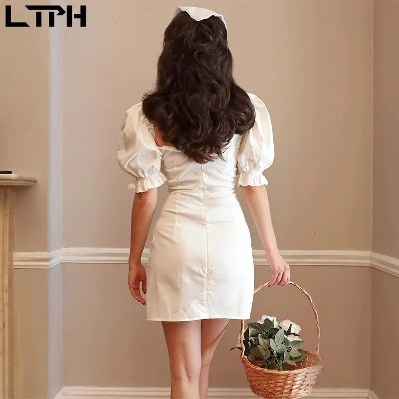 

2020 Summer Hot sale New Solid color wild women dress sexy Square Collar Bow Lace-up French Puff Sleeve temperament slim dresses