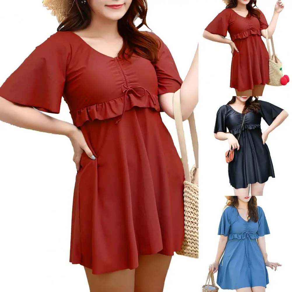 

Летние бикини из 2021 полиэстера с коротким рукавом, однотонный, с рюшами, V-образным вырезом, цельный купальный костюм на завязках, купальники...