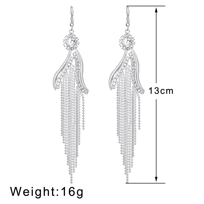 Женские серьги серебряного цвета полный кристалл Длинная кисточка