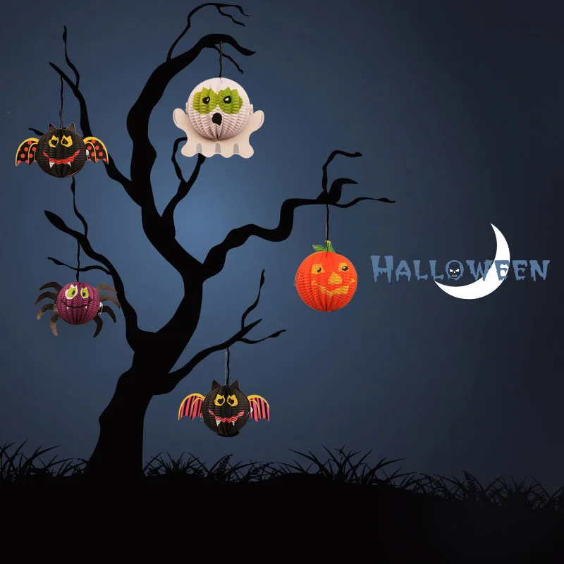 

3PCS Halloween Supplies 3D Ghost Bat Witch Spider Web Pumpkin Paper Lantern Horror Family Festival Decoration Accessories