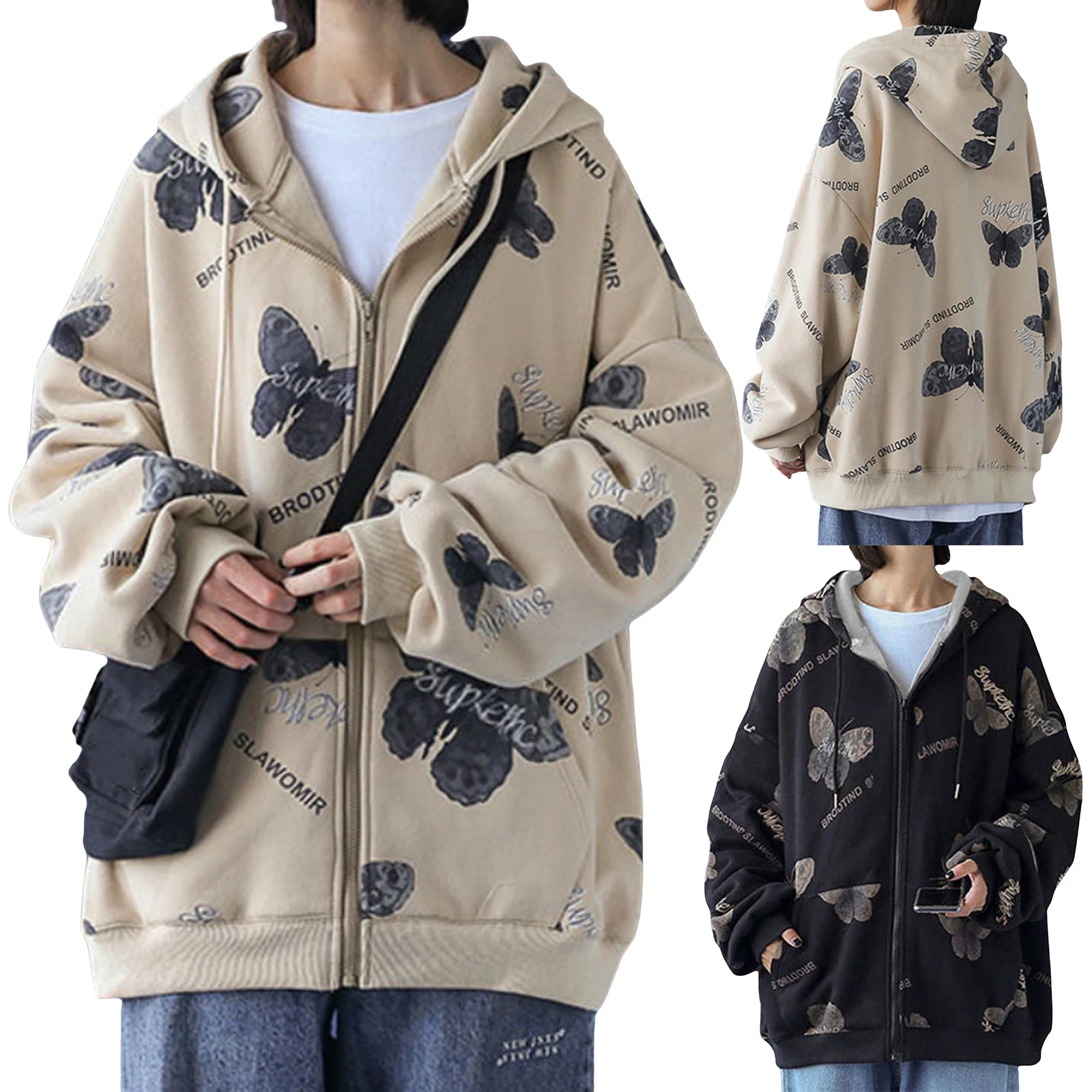 

Women's Full Zip Letter Hoodies, Long Sleeve Butterfly Graphic Loose Hooded Sweatshirts 2021 New Fashion