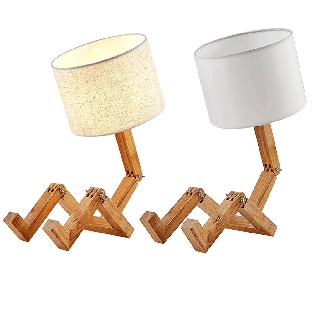 

Wooden Robot Led Bedside Light Table Desk Lamp Wood Base Neutral Shade Ambient Light For Bedroom Nightstand Living Room Office