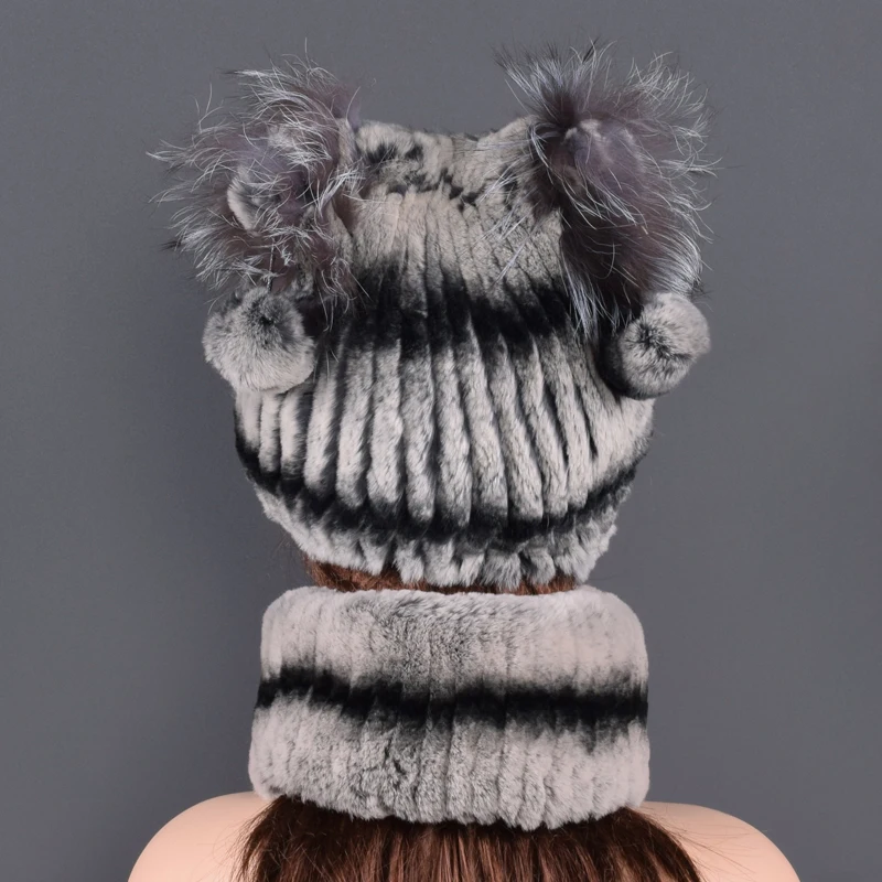 

Natural fur for winter women's Hat Scarf Sets New Arrivals fashion style Hat Scarf Sets real fur pompom for lady caps rabbit fur