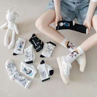 2021 hip hop women printed socks cute cortoon girls letters inscription black white cotton funny socks for female