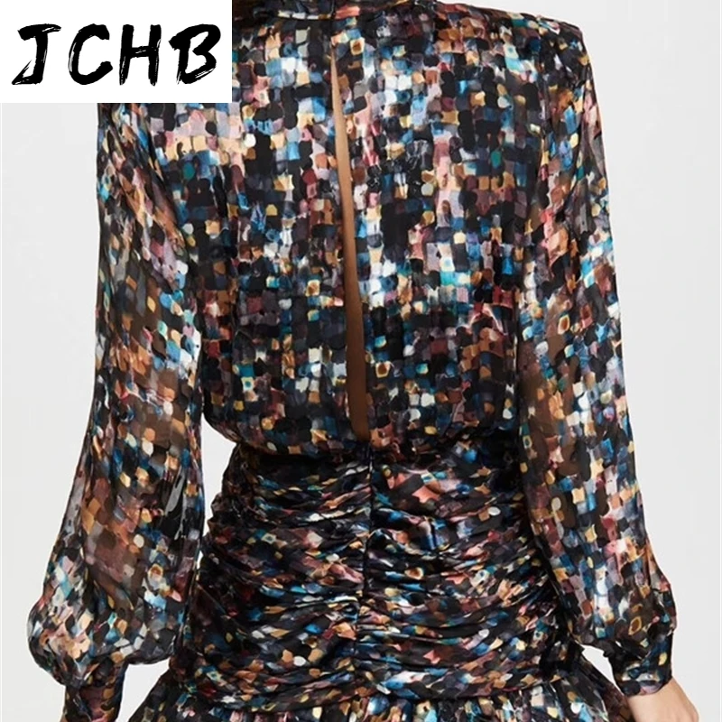

JCHB 2021 spring / Winter New Fashion V- High Waist Lantern Sleeve Bow Tie Square Printed Short Fishtail Dress 7B0379