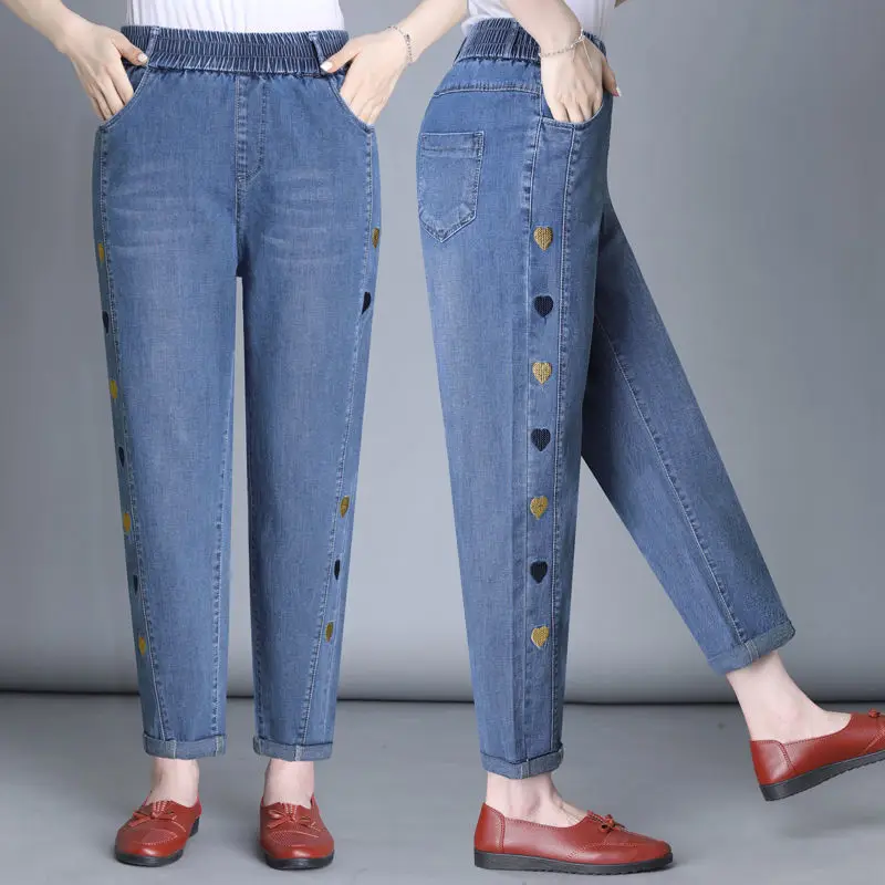 

New Love Embroidery Harem Jeans Women Large Size Stretch Ankle-Length Pants Fashion Mom Pants High Waist Retro Denim Trosusers
