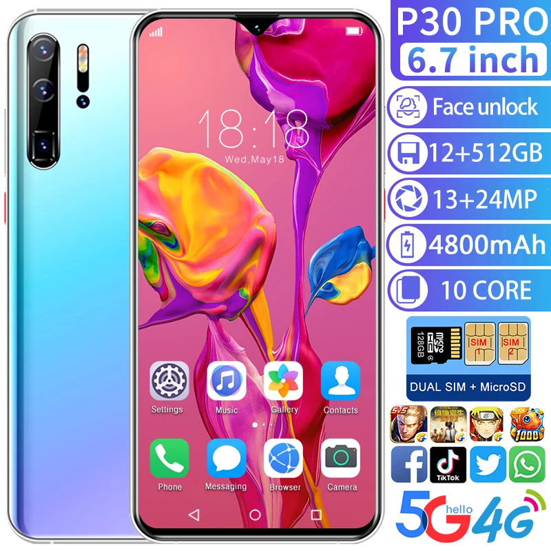 

2021 Global Version Smartphone P30 Pro 12GB+512GB 4800mAh 13+24MP Camera 6.5 Inch Full Screen Smartphon Cellphone Fast Phone