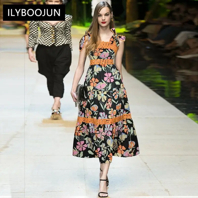 

Fashion Designer Summer Party Dress Women's Bow-knot Shoulder Lace Floral Print High Waist Vintage Party Midi Dress