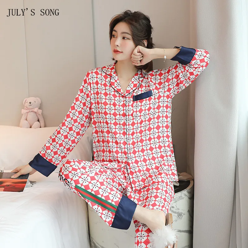 

JULY'S SONG 2 Pieces Ice Silk Pajamas Set Autumn Winter Floral Printed Women Casual Sleepwear Long Sleeve Trousers Homewear
