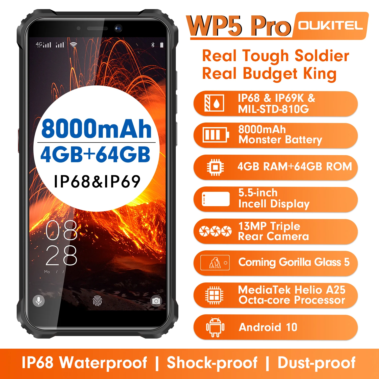 

Смартфон OUKITEL WP5 Pro, 4 + 64 ГБ, 8000 мА ч, тройная камера, 5,5 дюйма, IP68