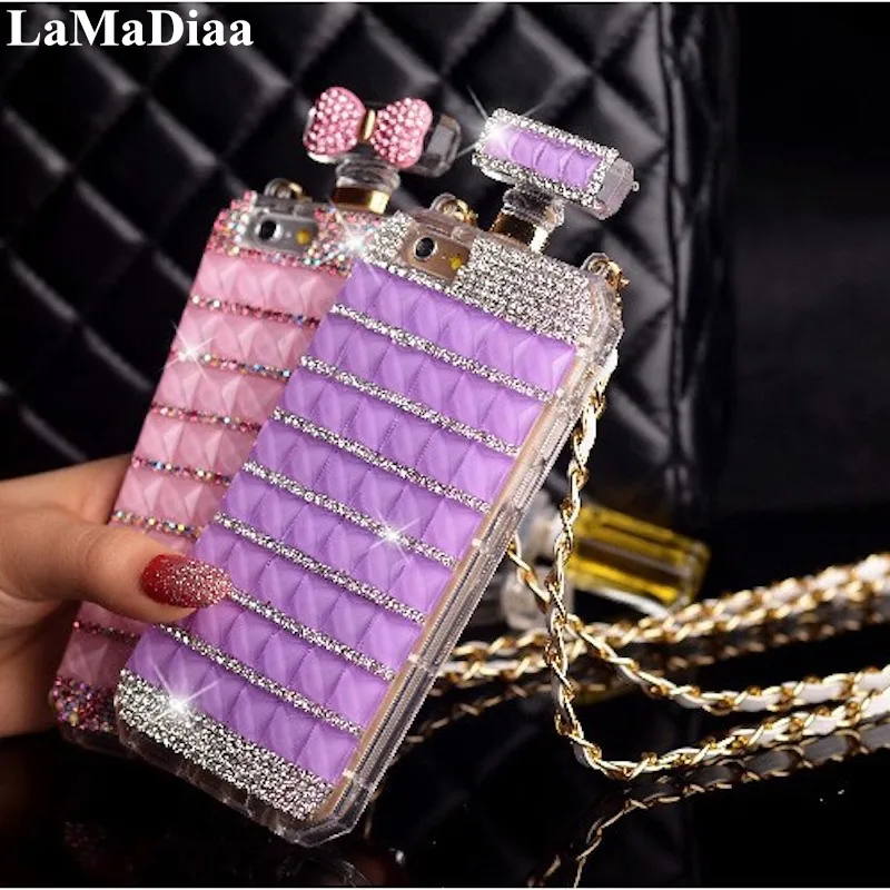 Lüks Glitter Bling elmas parfüm şişesi taklidi telefon kılıfı için zincir ile SamsungS8 S9 S10 S20 S21 S22 artı Note8 9 10 20