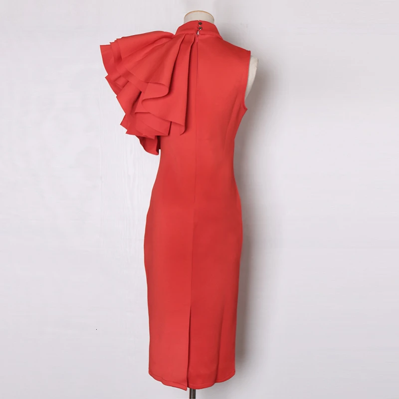 TWOTWINSTYLE Ruffles Off Shoulder Knee Length Dress Women Stand Sleeveless High Waist Bodycon Dresses Female Fashion 2020 Spring | Женская