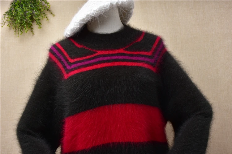 ladies women fashion hairy plush mink cashmere knitted long sleeves striped sweater pullover angora fur jumper pull dress | Женская