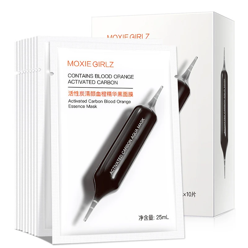 

[10 Pcs] Nicotinamid Hyaluronic Acid Activated Carbon Blood Orange Essence Mask Moisture Replenishment Black Mask Oil-control