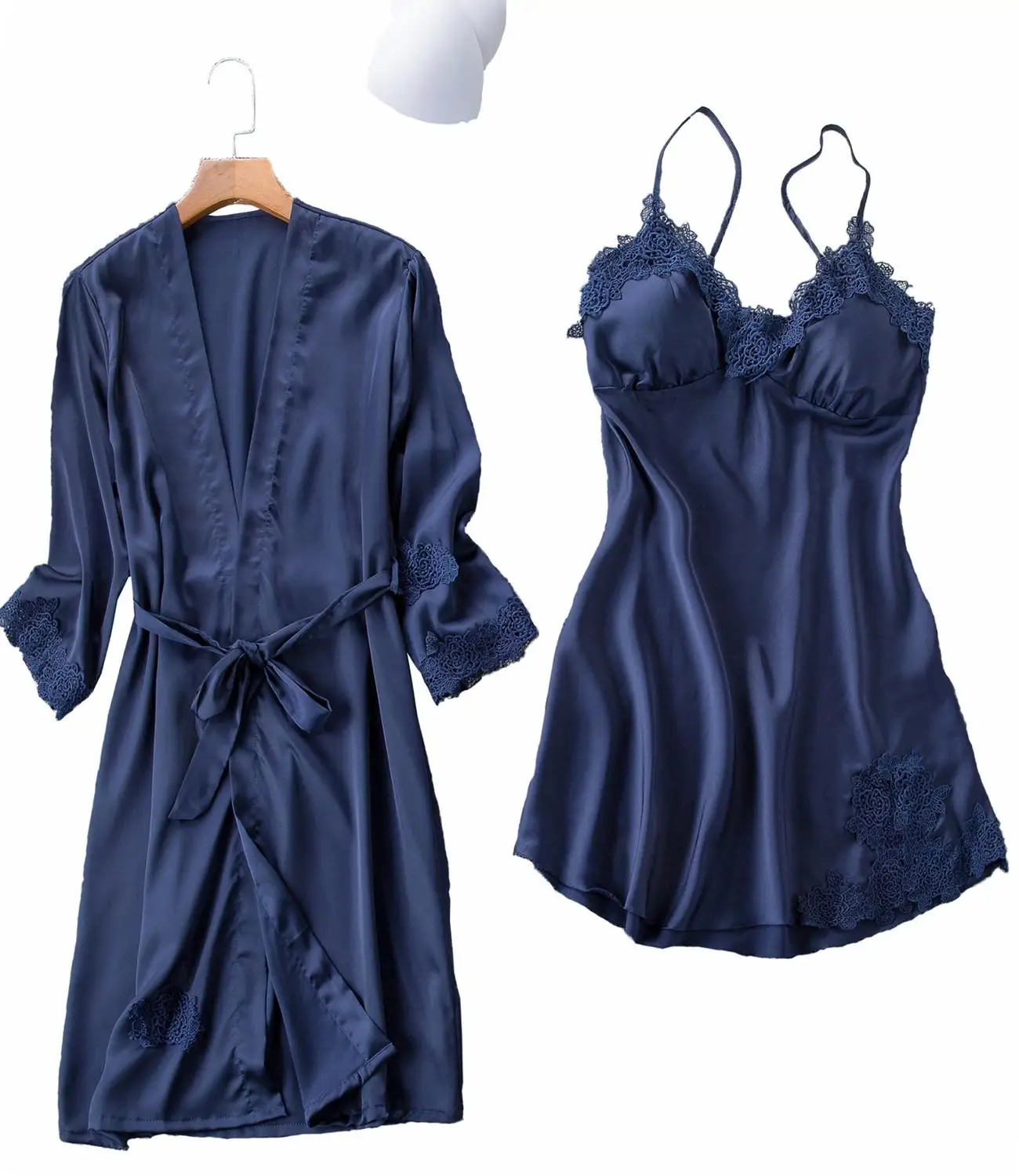 

Pajamas Set Satin Womens Lace Nightwear Spring Pyjamas Suit Female Lounge Sleepwear with Chest Pads Home Wear