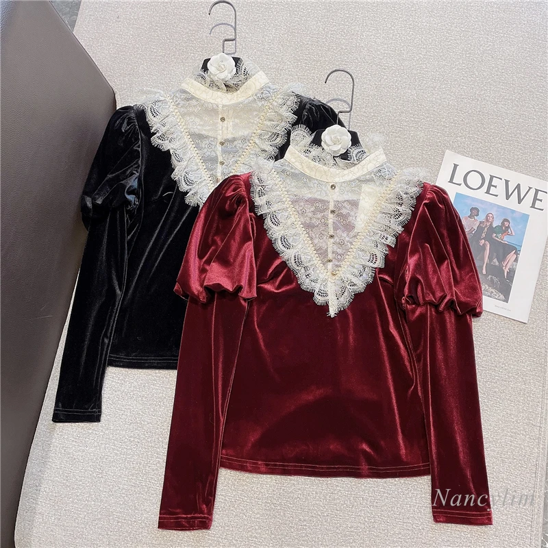 

New Vintage Lace Collar Patch Velour Shirt Women Long Sleeve High Street Blouses Slim Fit Top 2021 Autumn and Winter
