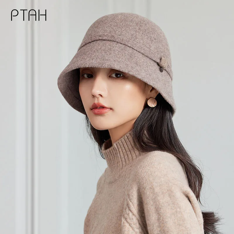 

[PTAH] Woolen Fedoras For Women British Style Vintage Church Hats Temperament Gentleman Elegant Warm Soft Tweed Hats Pure Color