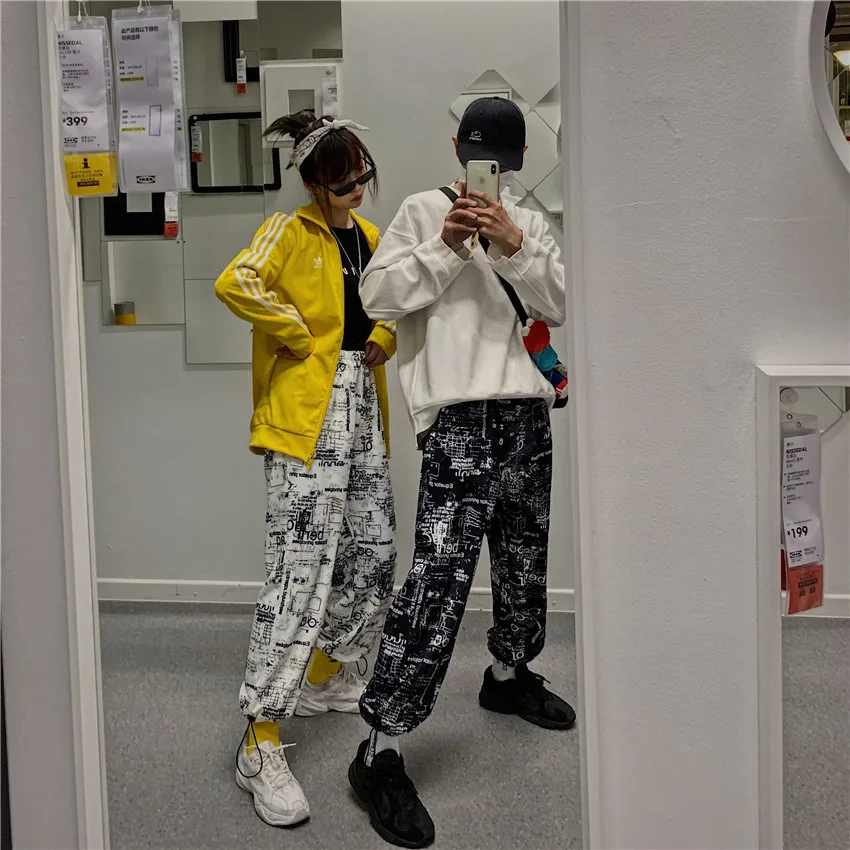 

Korean Ins Harajuku Street BF Style Versatile Loose Slimming Hip Hop Full Printed Pocket Drawstring Skinny Trousers