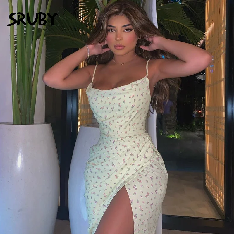 

SRUBY Floral Dress Women Spaghetti Straps Backless Chic Wrap Long Dress Summer Side Split Pleats Print Yellow Dresses vestidos