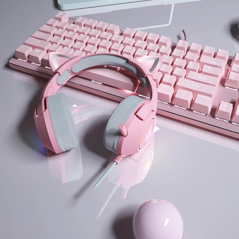 Preise Rosa Katze Ohr Mädchen Gaming Headset Mit Mikrofon ENC Noise Reduktion 7,1 Kanal