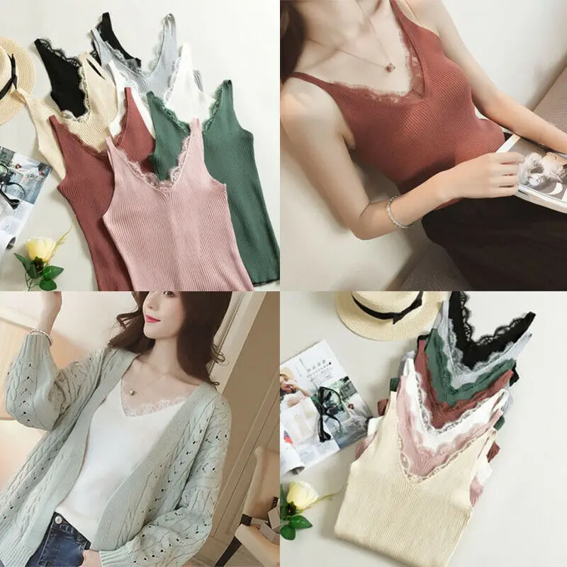 

Sexy Women Plain Camisole Lace Splicing Double V-neck Vest Slim Sling Tank Tops