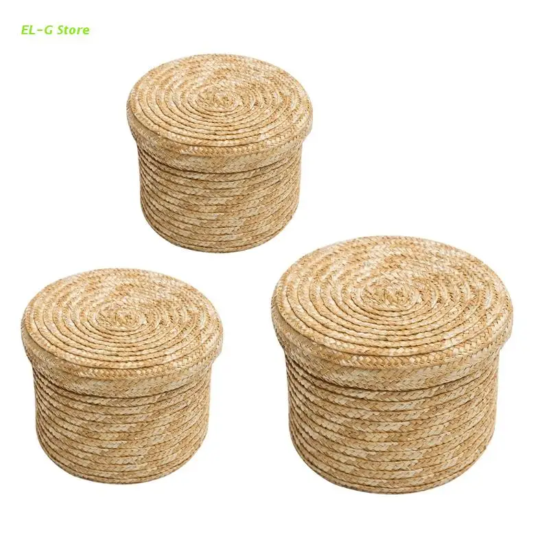 

null 3Pcs/Set Woven Straw Storage Baskets with Lid Cover Rattan Round Flower Pot Snack Container Bins Laundry Toys Organizer for